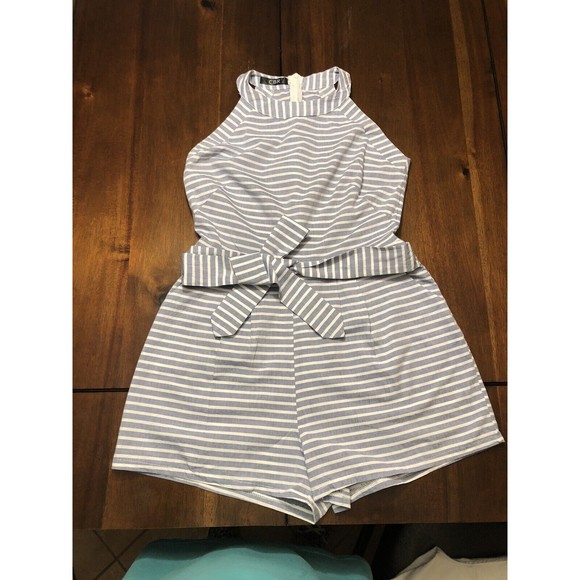 CBR Women Small Blue White Striped High Neck Sleeveless Romper Jumper Shorts - Picture 8 of 8